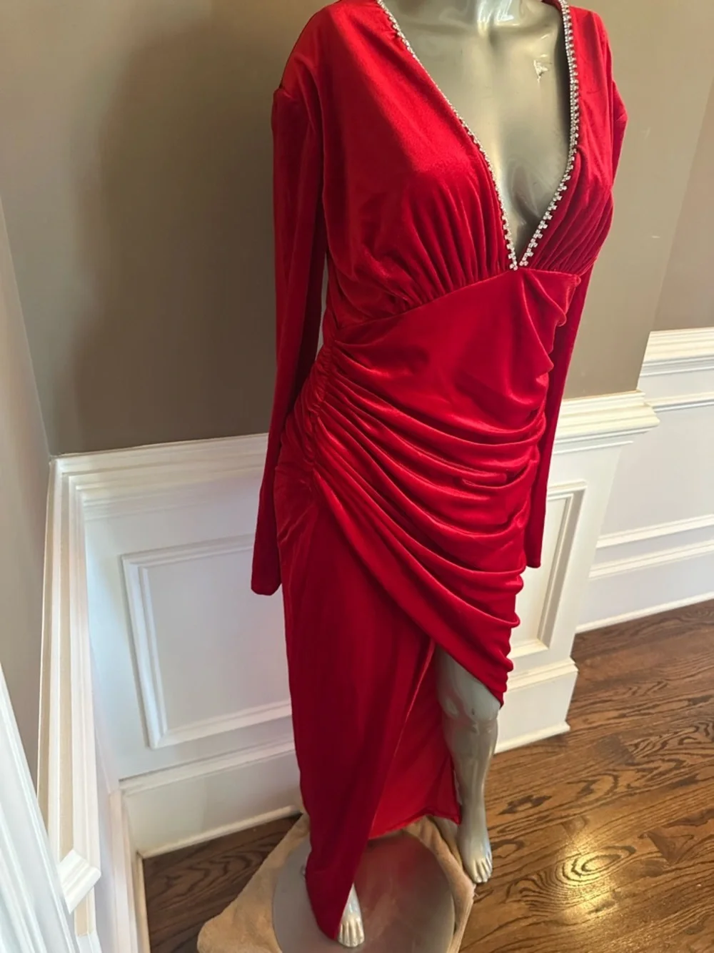 NWT FASHION NOVA Red Velvet Runched Maxi Rhinestone Trim Sz XL